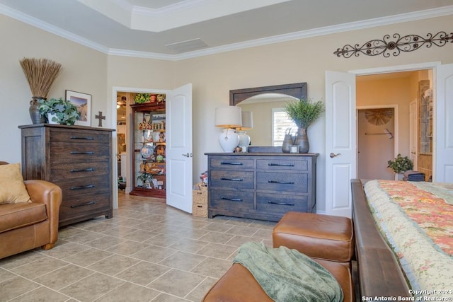 interior space featuring light tile patterned flooring and ornamental molding