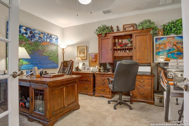 carpeted office featuring crown molding