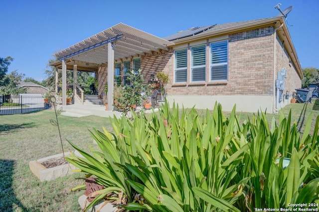 12624 Horseshoe Bay, San Antonio, TX 78253 - exterior space featuring a pergola, fence, a front lawn, and brick siding