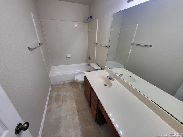 full bathroom with tiled shower / bath combo, tile patterned flooring, vanity, and toilet