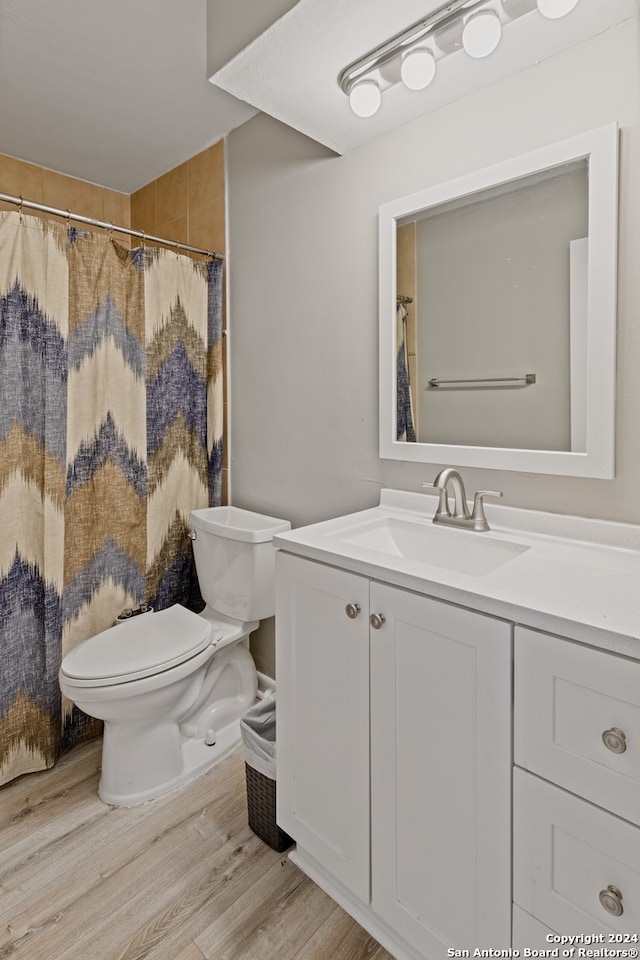 bathroom with wood-type flooring, vanity, toilet, and a shower with shower curtain