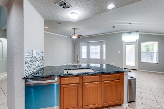 kitchen with sink, vaulted ceiling, plenty of natural light, and stainless steel dishwasher