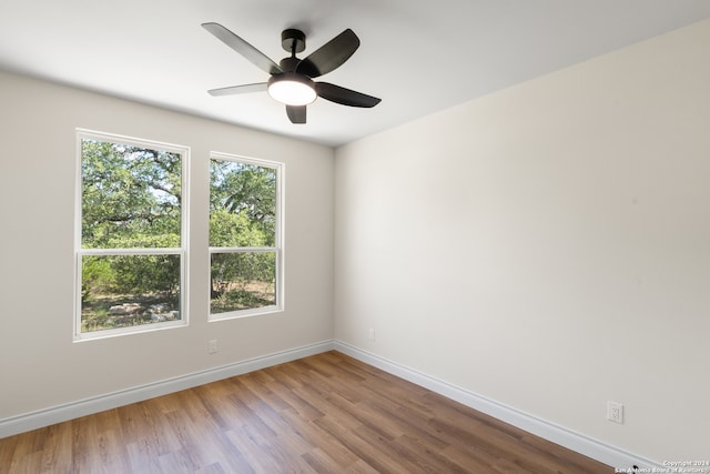 unfurnished room featuring light wood-type flooring and ceiling fan