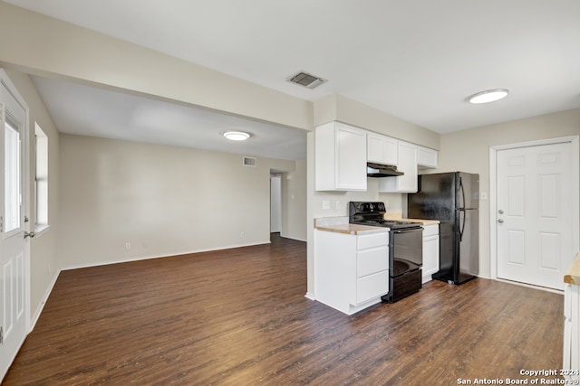 kitchen featuring white cabinets, dark hardwood / wood-style floors, and black appliances