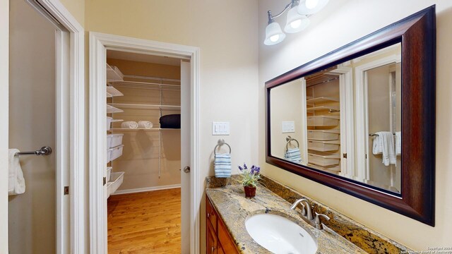 bathroom featuring hardwood / wood-style flooring and vanity