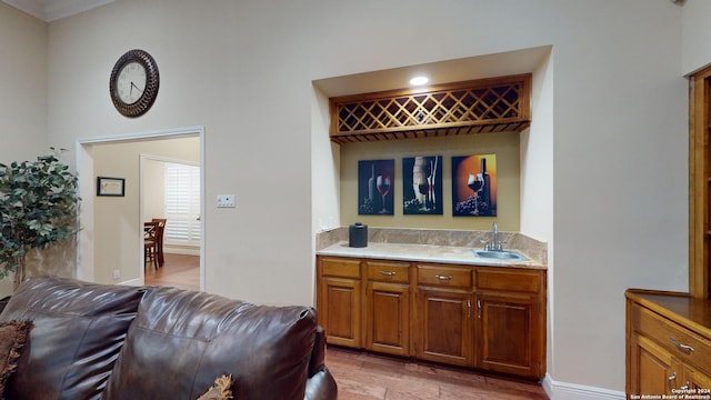 bar with ornamental molding, hardwood / wood-style floors, and sink