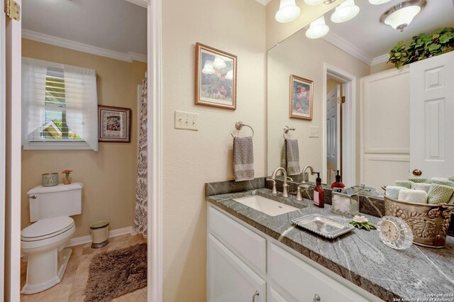 bathroom featuring vanity, crown molding, toilet, and tile patterned flooring