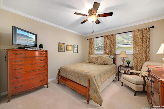 bedroom with ceiling fan, crown molding, and light carpet