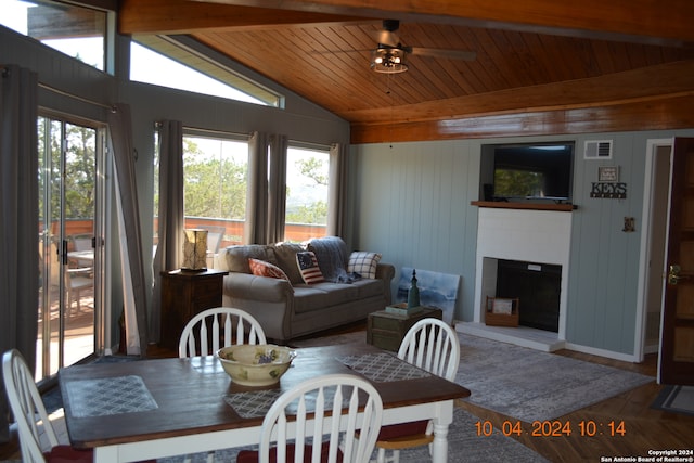 dining space featuring wooden ceiling, lofted ceiling with beams, ceiling fan, and hardwood / wood-style flooring