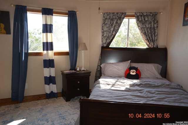 bedroom with wood-type flooring and multiple windows