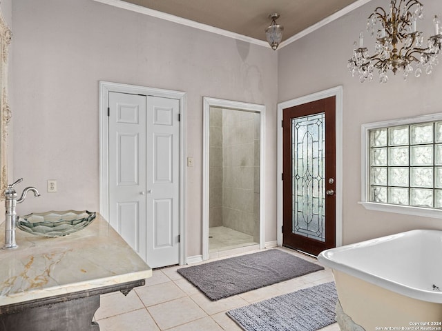 bathroom featuring separate shower and tub, crown molding, and tile patterned floors