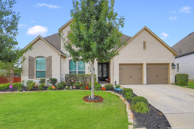 view of front of house featuring a garage and a front lawn