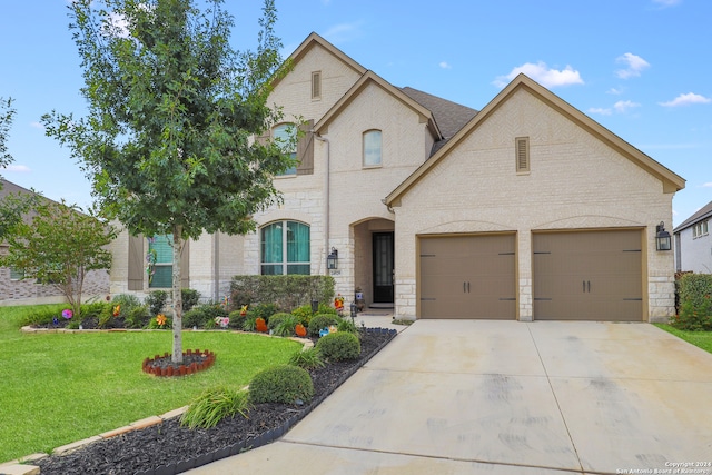 french country inspired facade with a front yard