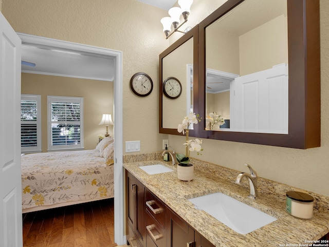 bathroom with vanity, crown molding, and hardwood / wood-style flooring