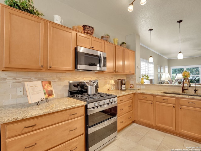 kitchen with stainless steel appliances, crown molding, light brown cabinetry, decorative light fixtures, and sink