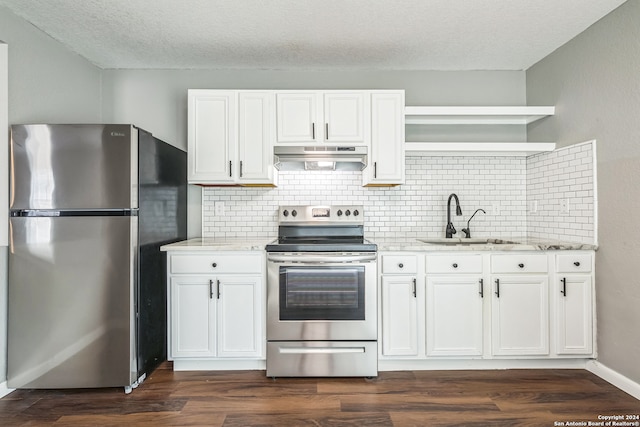 kitchen featuring sink, appliances with stainless steel finishes, dark hardwood / wood-style flooring, and white cabinetry