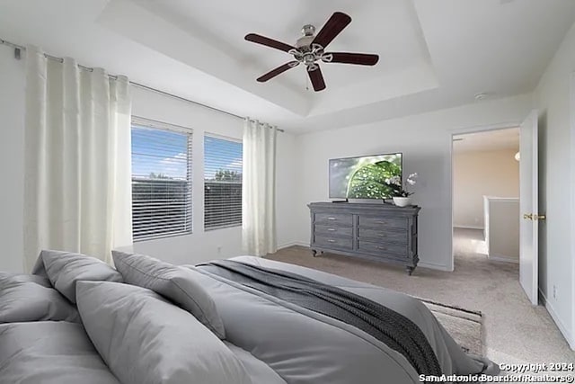 carpeted bedroom with a tray ceiling and ceiling fan