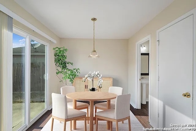 dining space featuring dark wood-type flooring