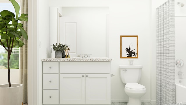 full bathroom featuring shower / tub combo, vanity, and toilet