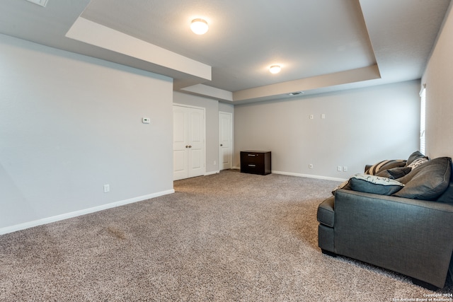 living area with carpet and a raised ceiling