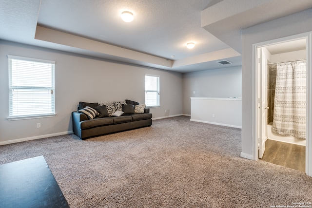 living room featuring a textured ceiling, carpet flooring, and a tray ceiling