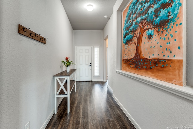 corridor with a textured ceiling and dark wood-type flooring