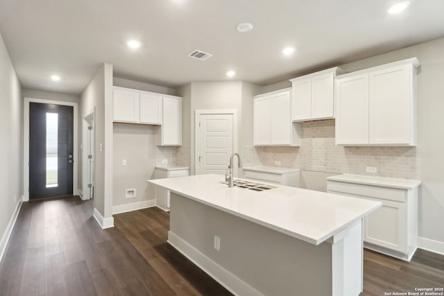 kitchen with sink, white cabinets, and a center island with sink