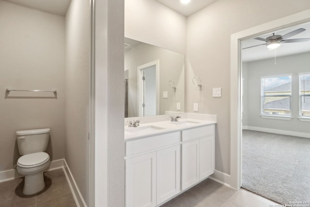 bathroom with vanity, tile patterned floors, ceiling fan, and toilet