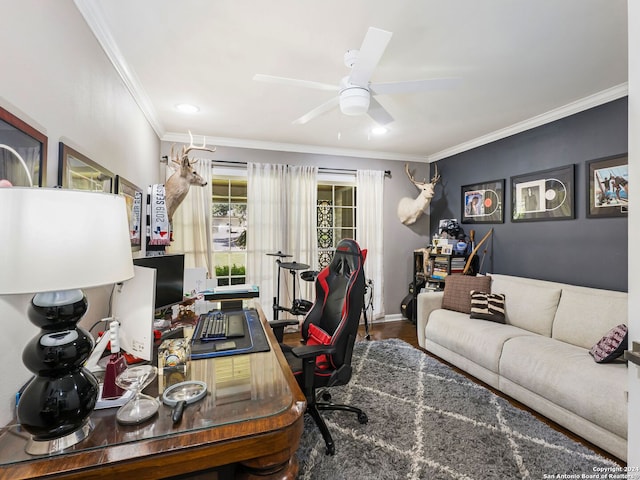 home office featuring crown molding, hardwood / wood-style floors, and ceiling fan