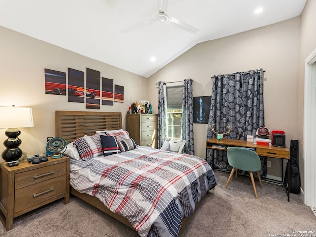 bedroom featuring ceiling fan, carpet floors, and vaulted ceiling