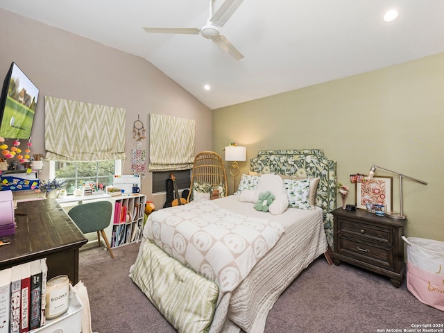 bedroom featuring ceiling fan, carpet floors, and lofted ceiling