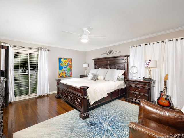 bedroom featuring crown molding, ceiling fan, and dark wood-type flooring