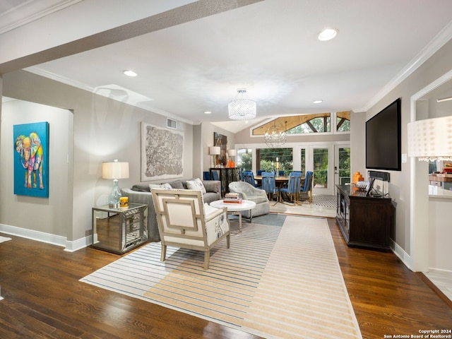 living room featuring lofted ceiling, crown molding, a chandelier, and dark hardwood / wood-style flooring