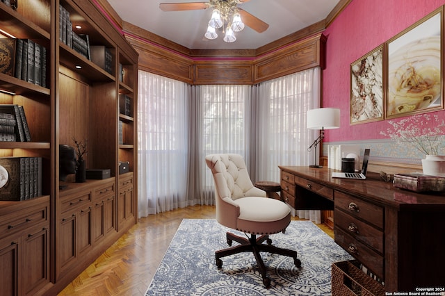 office area with ceiling fan and light parquet flooring