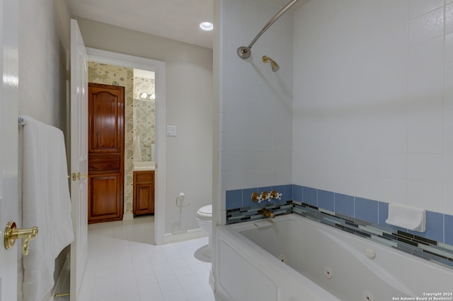 full bathroom featuring toilet, plus walk in shower, vanity, and tile patterned flooring