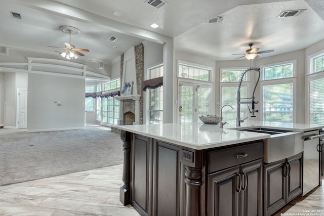 kitchen featuring light carpet, a kitchen island with sink, stainless steel dishwasher, and plenty of natural light