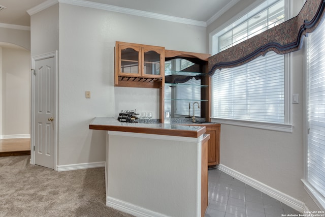 kitchen with crown molding, sink, kitchen peninsula, and light colored carpet