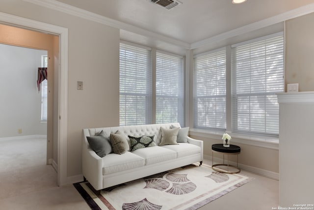 carpeted living room with crown molding