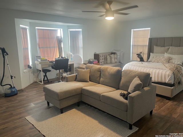 bedroom with ceiling fan, dark hardwood / wood-style flooring, and multiple windows