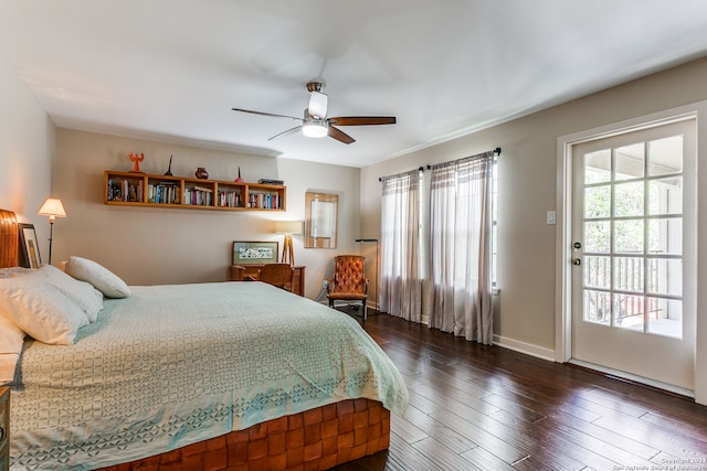 bedroom with access to outside, dark hardwood / wood-style flooring, and ceiling fan