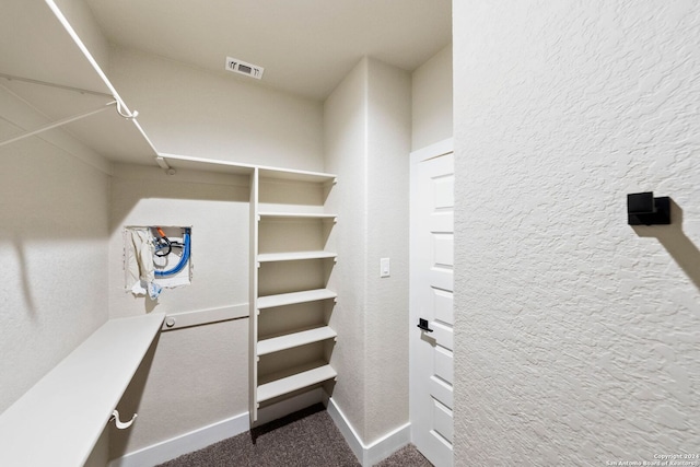 spacious closet with dark colored carpet