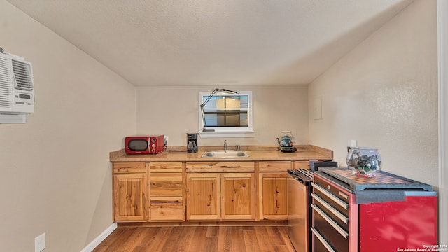 kitchen with a textured ceiling, stainless steel dishwasher, light hardwood / wood-style floors, and sink