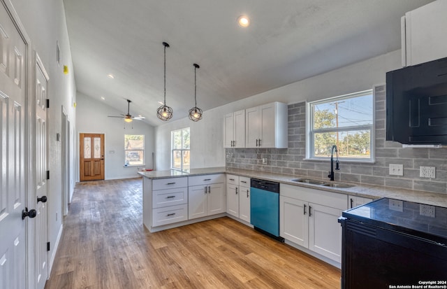 kitchen with light wood-type flooring, dishwasher, white cabinets, kitchen peninsula, and decorative light fixtures