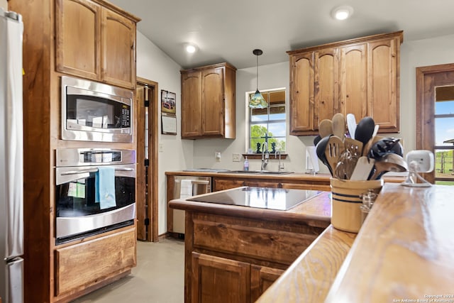 kitchen featuring appliances with stainless steel finishes, a healthy amount of sunlight, sink, and pendant lighting