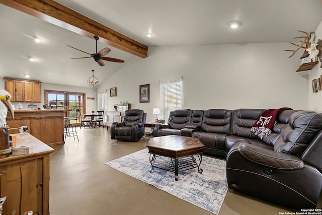 living room featuring vaulted ceiling with beams and ceiling fan