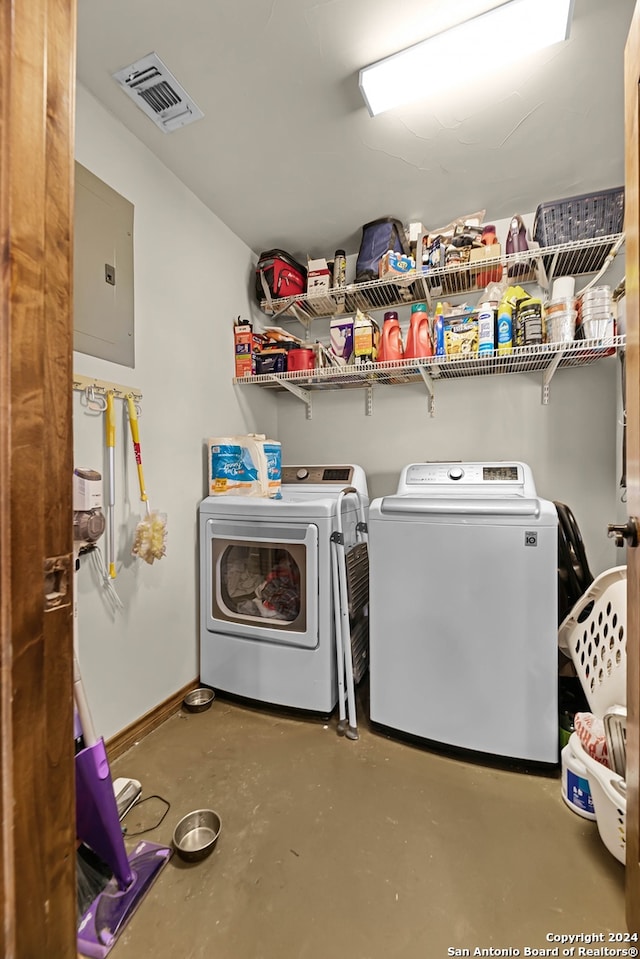 laundry room featuring electric panel and washing machine and dryer