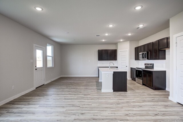 kitchen with sink, light hardwood / wood-style flooring, backsplash, a kitchen island with sink, and appliances with stainless steel finishes