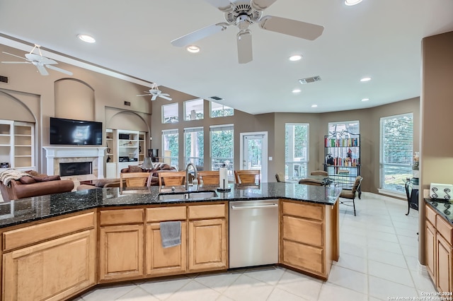 kitchen with dishwasher, dark stone counters, and sink