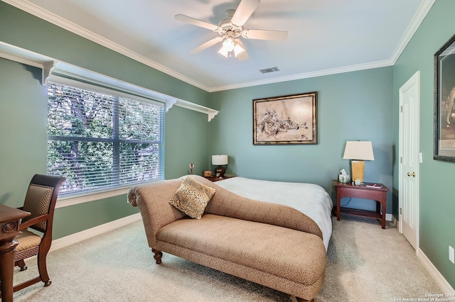 bedroom with recessed lighting, crown molding, carpet floors, a tray ceiling, and ceiling fan