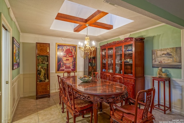 dining area featuring coffered ceiling, a textured ceiling, a notable chandelier, and light tile patterned flooring